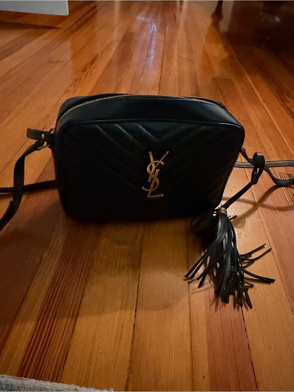 Saint Laurent Black Quilted Leather Crossbody with Tassel and Gold Logo
